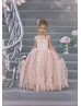 Beaded Pink Eyelash Lace Satin Flower Girl Dress With Cape